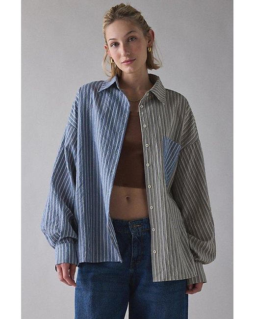 Daisy Street Blue Patchwork Oversized Button-Down Shirt