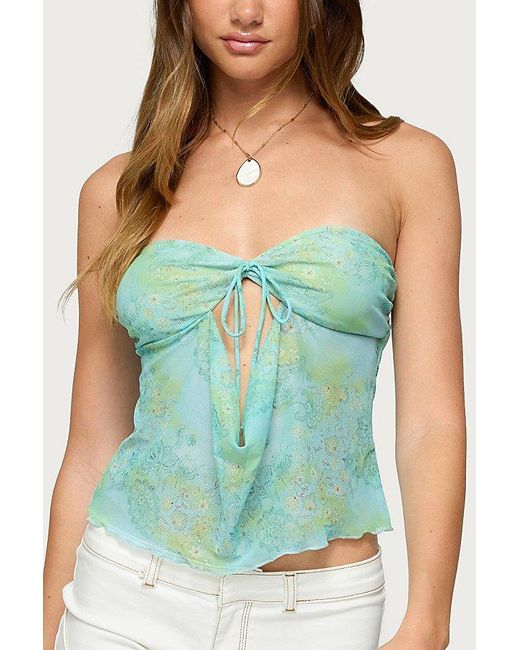 Edikted Green Printed Mesh Strapless Cut Out Top