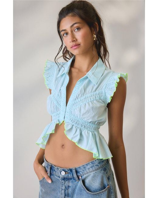 BDG Blue Gather Around Button Down Top