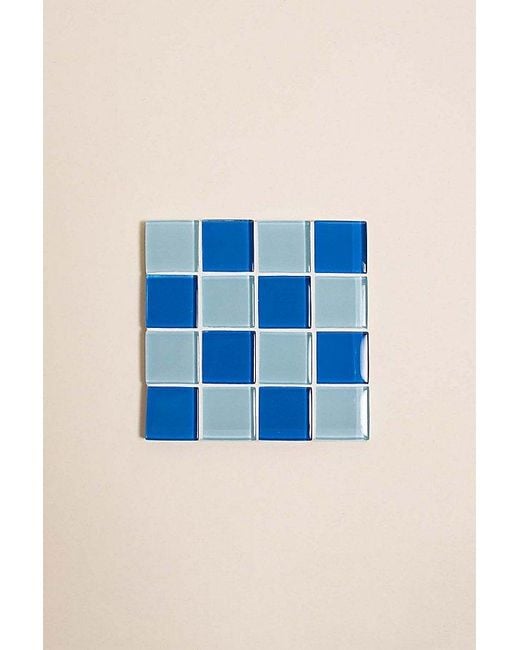 Subtle Studios Blue Checkered Glass Tile Coaster