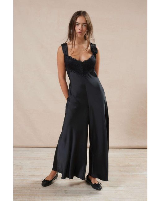 Kimchi Blue Natural Cleo Satin & Lace Jumpsuit In Black,at Urban Outfitters