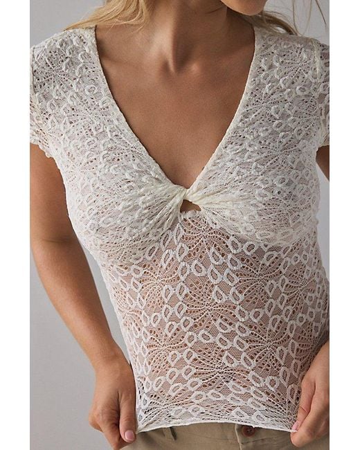 Kimchi Blue White Maisie Sheer Lace Twist-Front Crop Top