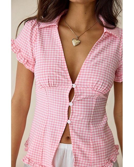 Kimchi Blue Pink Rebecca Ruffle Split-Front Slim Short Sleeve Button-Up Shirt Top