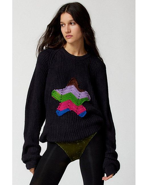 Urban Renewal Black Remade Crochet Star Patch Crew Neck Sweater