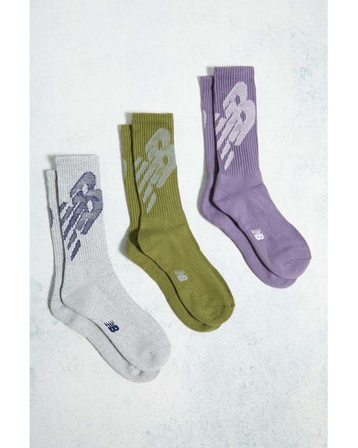 New Balance Gray Grey, Khaki & Purple Big Logo Crew Socks 3-pack for men