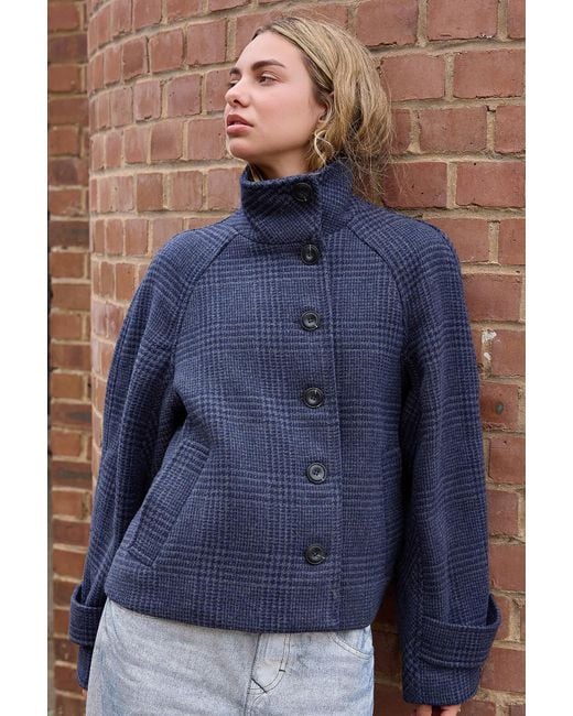 BDG Blue Fiona Check Funnel Neck Jacket