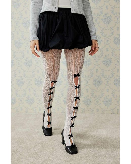 Out From Under Black Bow Cut-out Lace Tights