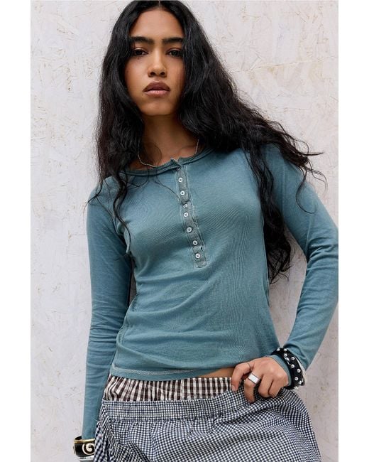 BDG Blue Baxter Long Sleeve Henley T-shirt