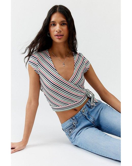 Silence + Noise Blue Tanya Striped Wrap Top