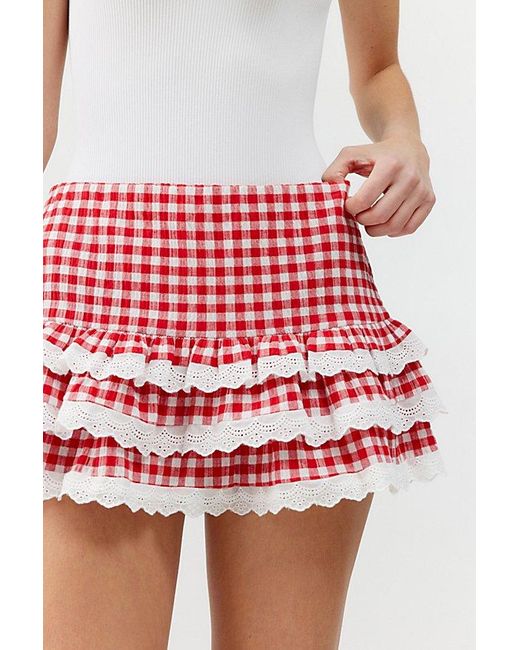 Urban Renewal Red Remnants Gingham Ruffle Lace Trim Mini Skirt