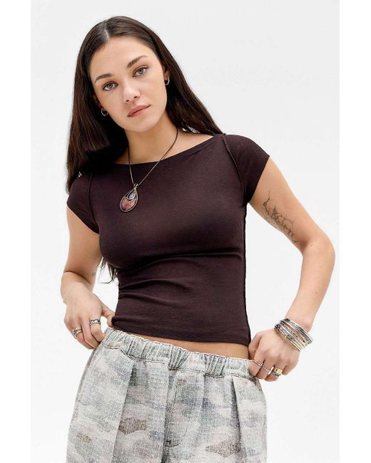 Urban Outfitters Brown Uo Frankie Short Sleeve Slash Top