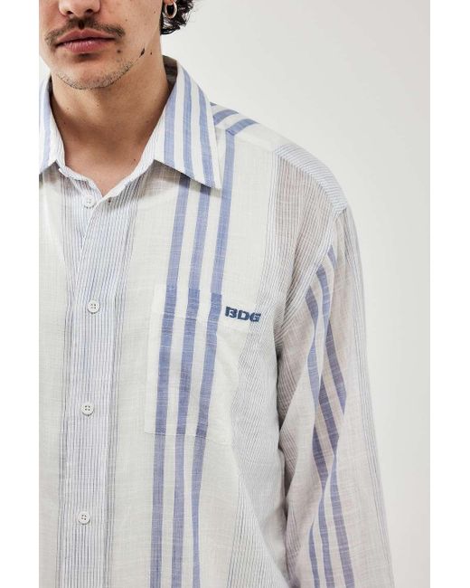 BDG Striped Blue & White Folded Hem Shirt for men