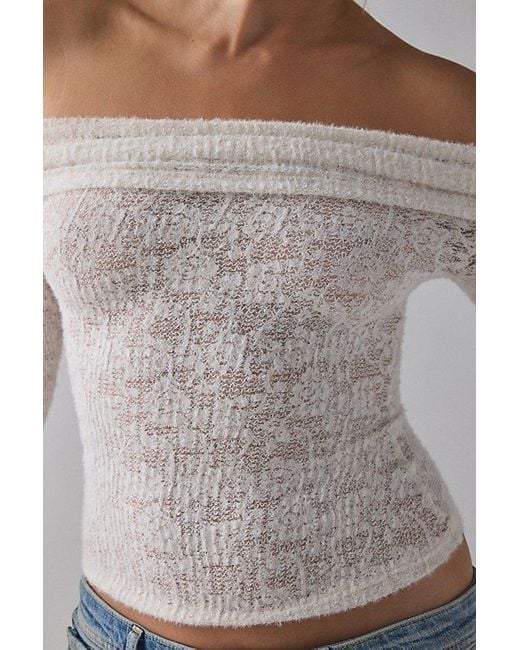 Kimchi Blue Gray Lily Sheer Lace Long Sleeve Off-The-Shoulder Top