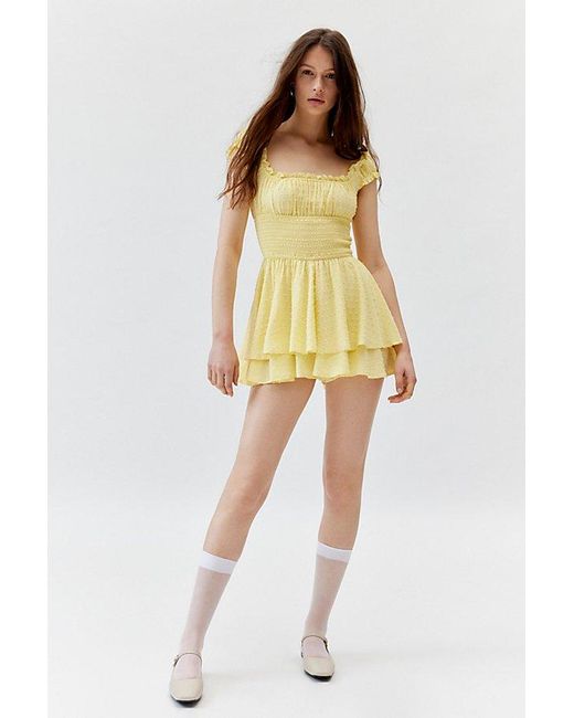 Urban Outfitters Yellow Uo Rosie Smocked Tiered Ruffle Romper