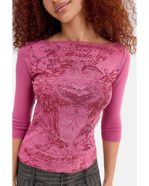 Kimchi Blue Pink Gothic Heart 3/4 Sleeve Graphic Tee