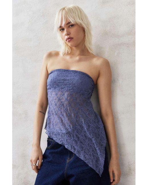 Urban Outfitters Blue Uo Indie Lace Asymmetric Bandeau Top