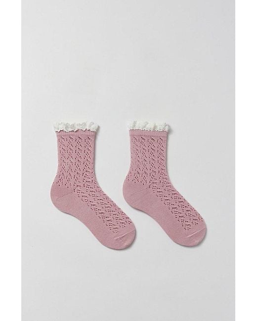 Urban Outfitters Purple Ruffle-Trimmed Pointelle Crew Sock