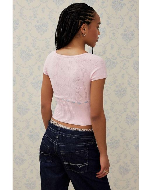 Urban Outfitters Pink Uo Edison Embroidered Short-sleeved Ribbon-tie Top