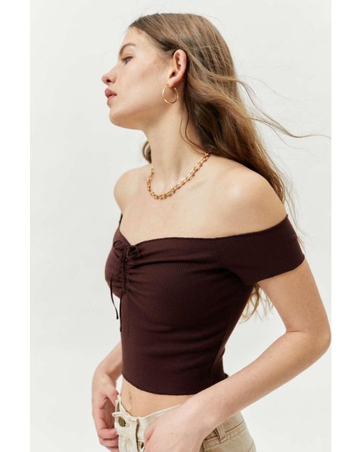 Urban Outfitters Brown Uo Jocelyn Off-the-shoulder Top