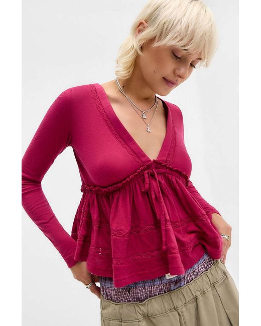 Kimchi Blue Red Nia Babydoll Long Sleeve Top