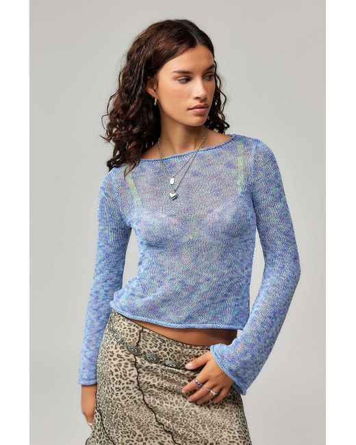 Urban Outfitters Blue Uo Space-dye Fluted Sleeve Knit Top