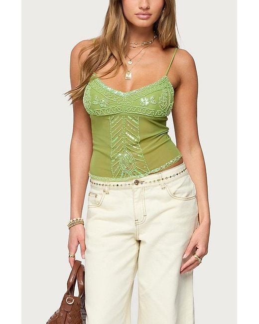 Edikted Green Azelia Beaded Sheer Chiffon Top