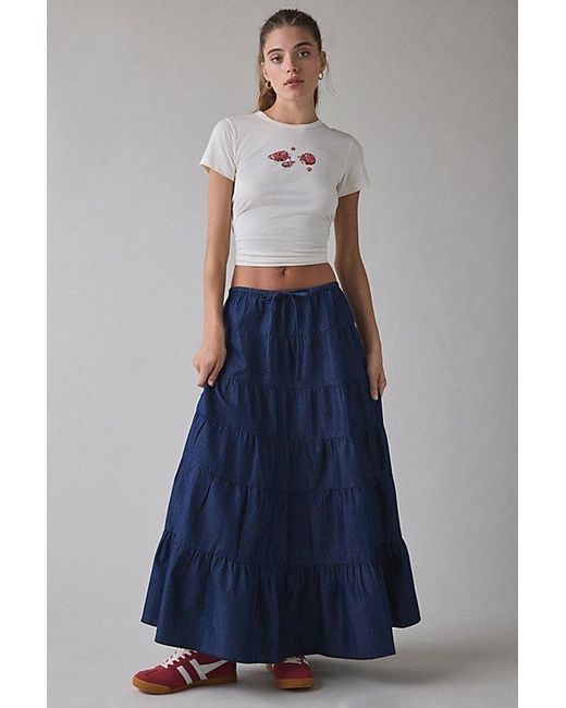 Urban Outfitters Blue Uo Caysie Tiered Low-Rise Denim Maxi Skirt