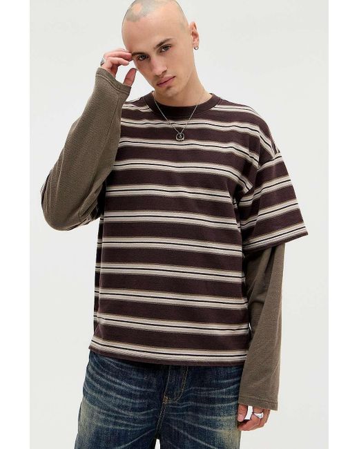 BDG Brown Double Layer Stripe T-shirt for men