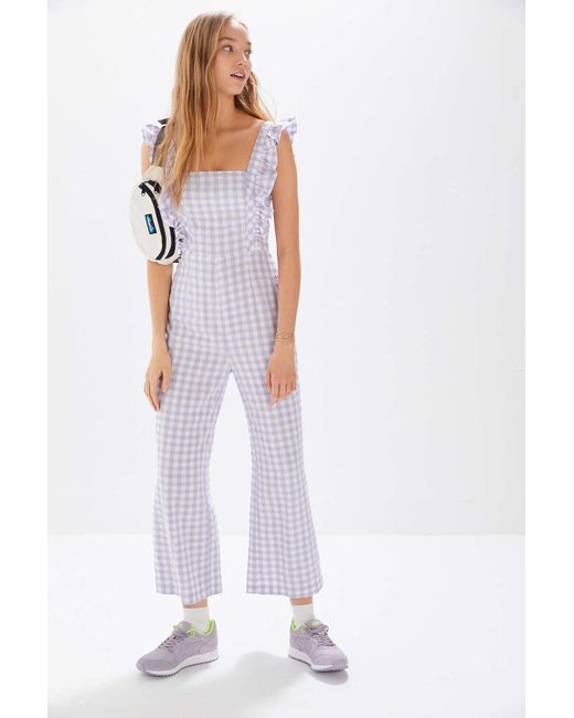 Urban Outfitters Purple Uo Emerson Gingham Ruffle Jumpsuit