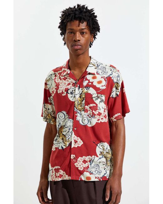 Urban Outfitters Red Uo Fierce Tigers Rayon Short Sleeve Button-down Shirt for men