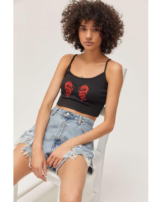 Urban Outfitters Embroidered Dragon Cropped Tank Top in Black - Lyst