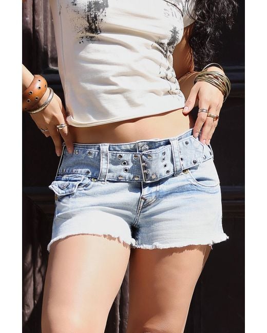 True Religion White Joey Wide Belt Low Rise Denim Shorts