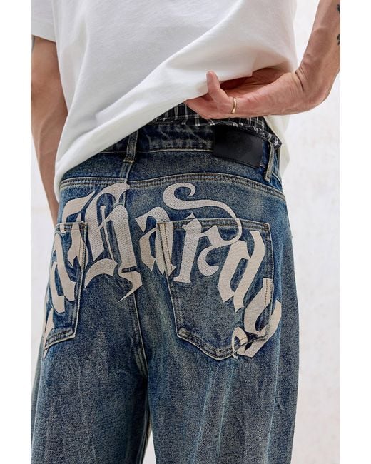 Ed Hardy Uo Exclusive Blue Panelled Embroidered Jeans for men