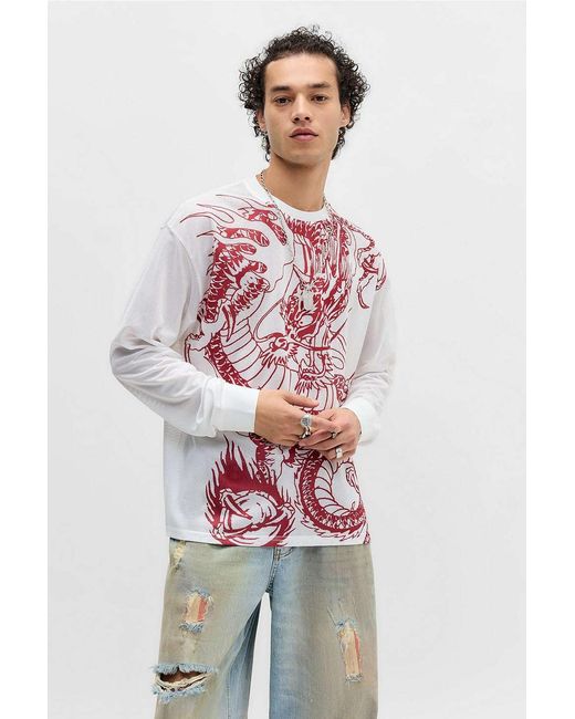 Ed Hardy Red Uo White Airtex Dragon T-shirt for men