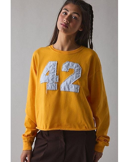 Vintage & ReMADE by UO Yellow Remade By Uo Varsity Number Applique Graphic Long Sleeve Tee