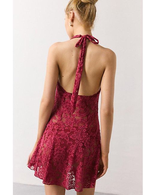 Out From Under Red Jena Sheer Lace Halter Slip
