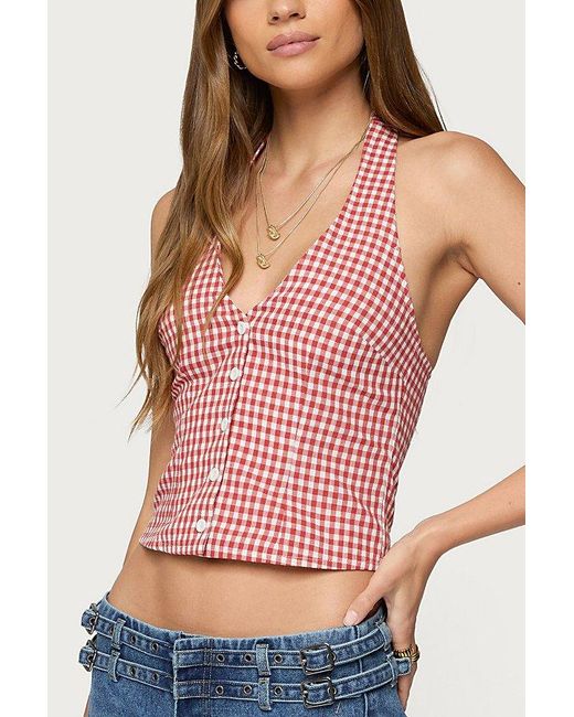 Edikted Pink Evan Gingham Button Up Halter Top