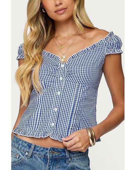 Edikted Blue Dorothie Gingham Button Up Top