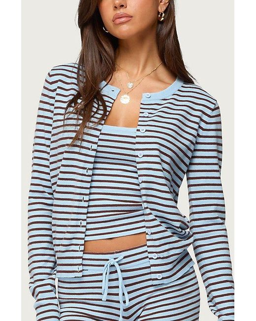Edikted Blue Lillian Striped Button Up Knit Cardigan