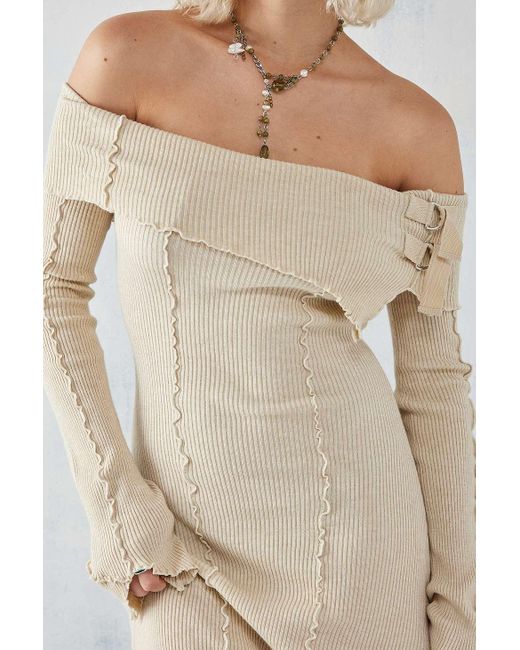 Urban Outfitters Natural Uo Emmie Knitted Off-the-shoulder Asymmetrical Midi Dress