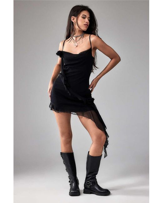 Urban Outfitters Black Uo Zoey Rose Asymmetrical Mini Dress