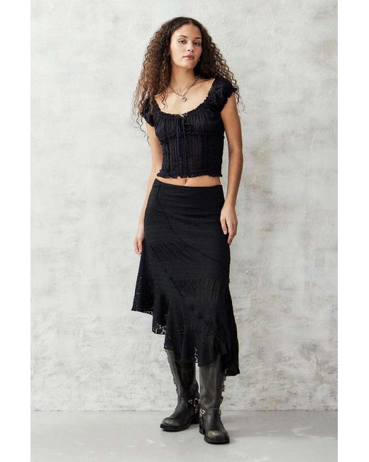 Urban Outfitters Uo Black Asymmetrical Textured Prairie Midi Skirt