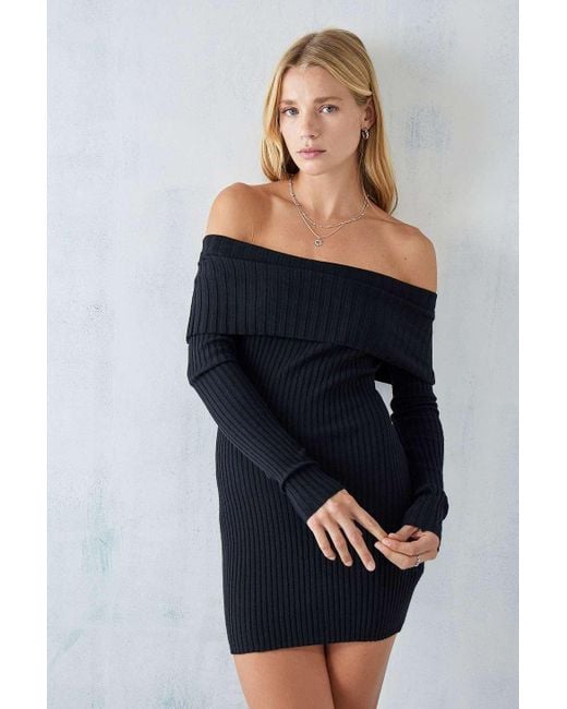 Urban Outfitters Black Uo Tori Off-the-shoulder Knit Mini Dress