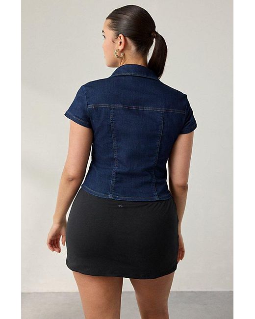 BDG Blue Polly Slim Short Sleeve Button-Up Shirt Top