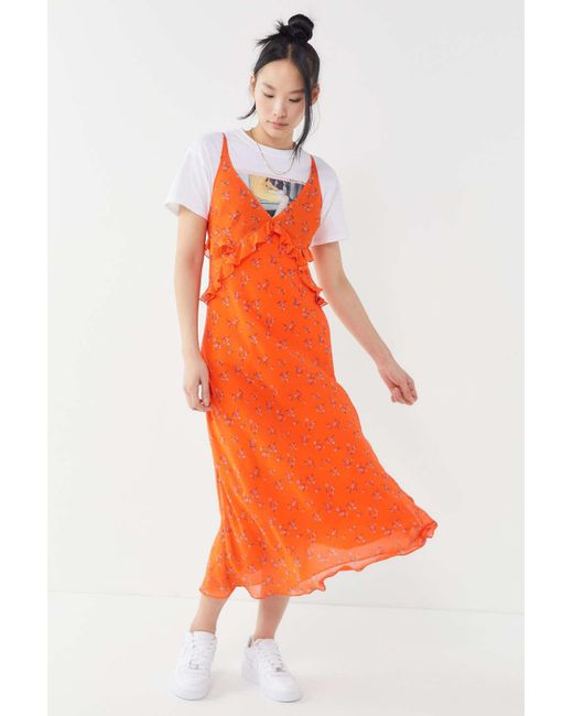 Urban Outfitters Orange Uo Heidi Floral Print Ruffle Maxi Dress
