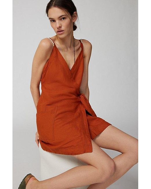 Urban Outfitters Red Uo Wrap Me Up Linen Mini Dress