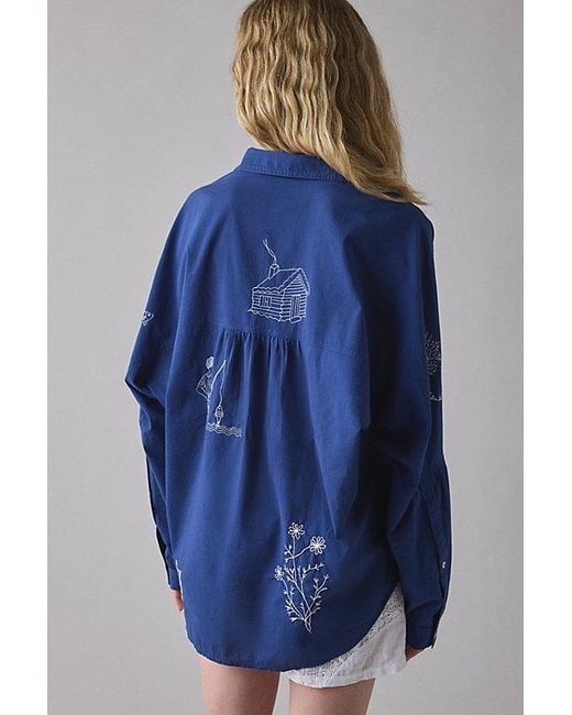 BDG Blue Alex Embroidered Graphic Oversized Cotton Button-Down Shirt