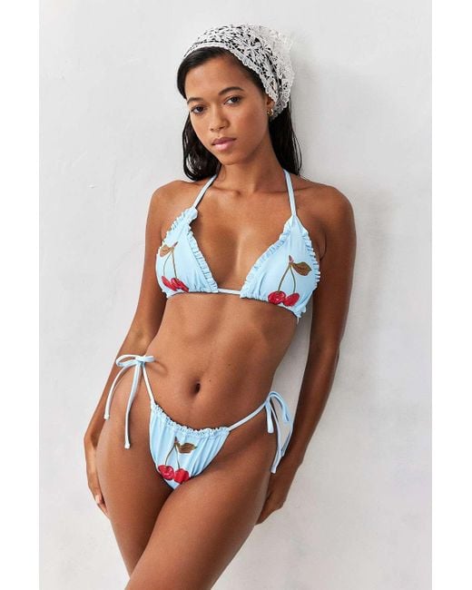 Out From Under Blue Vivien Cherry Ruffle Triangle Bikini Top