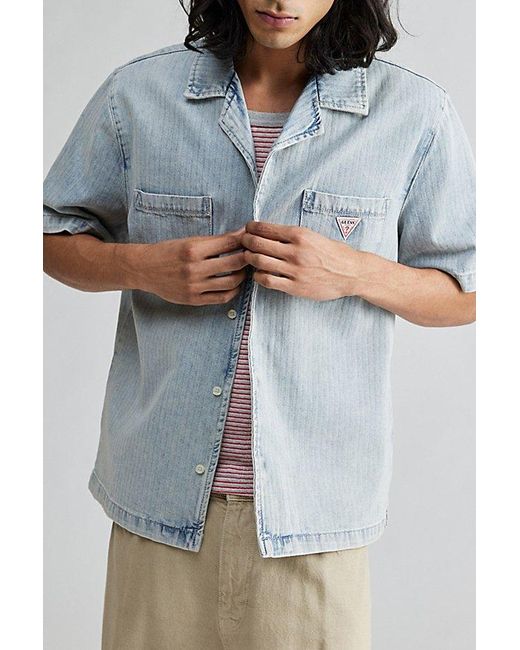 Guess Gray Herringbone Denim Short Sleeve Button-Down Shirt Top for men
