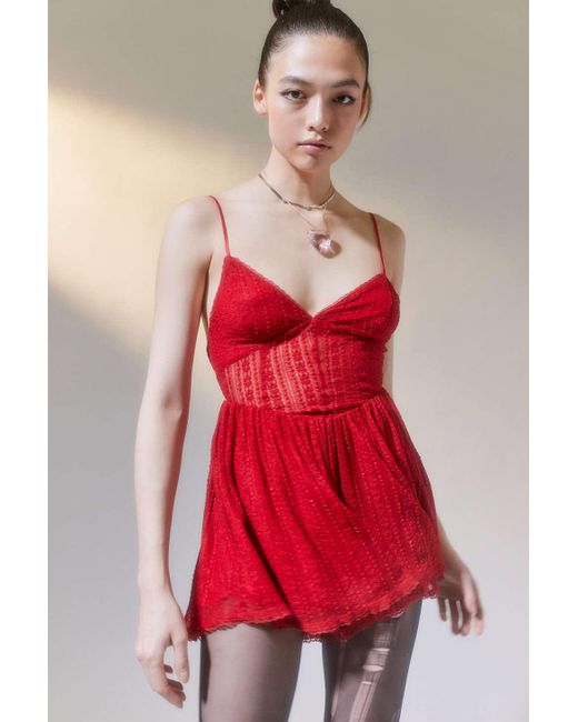 Urban Outfitters Red Uo Don't Let Go Sheer Lace Romper